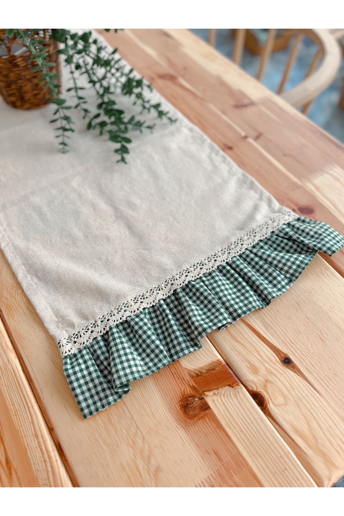 Ham Keten Fırfırlı Dantel Detaylı Dikdörtgen Runner 40x120cm