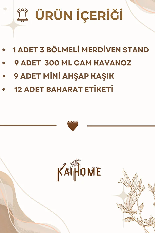 9 Lu Bambu Vakum Kapaklı, Etiketli, Merdiven Standlı Cam Baharat Seti