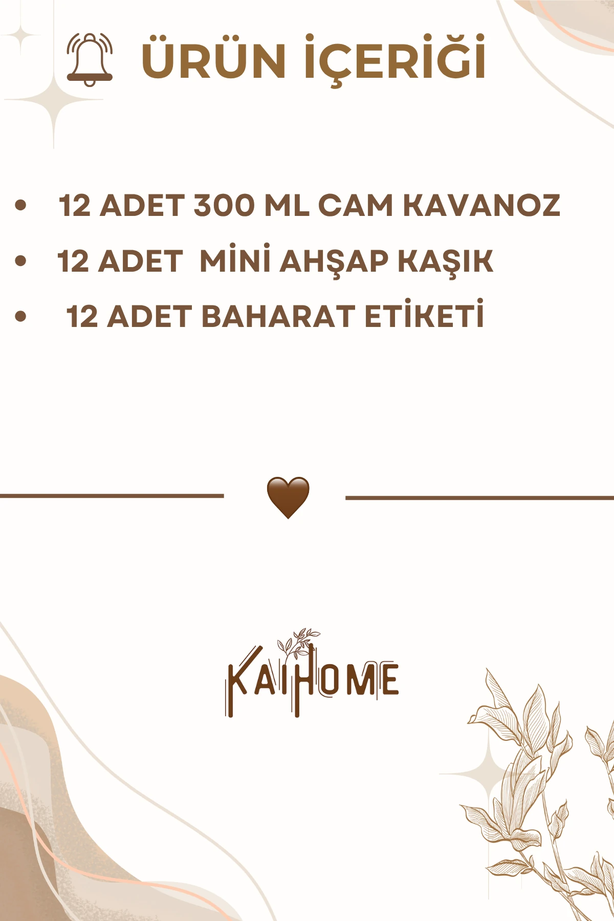 12'Li Bambu Vakum Kapaklı Cam Baharat Seti 300 ml + 12 Adet Ahşap Kaşık