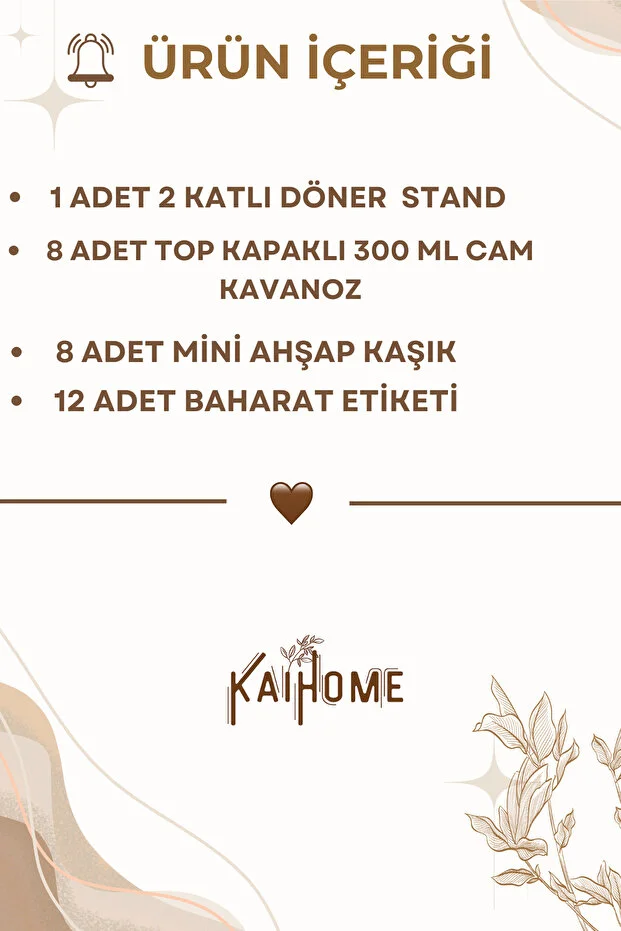 8li Ahşap Döner Standlı Top Kapaklı Etiketli Baharatlık Seti