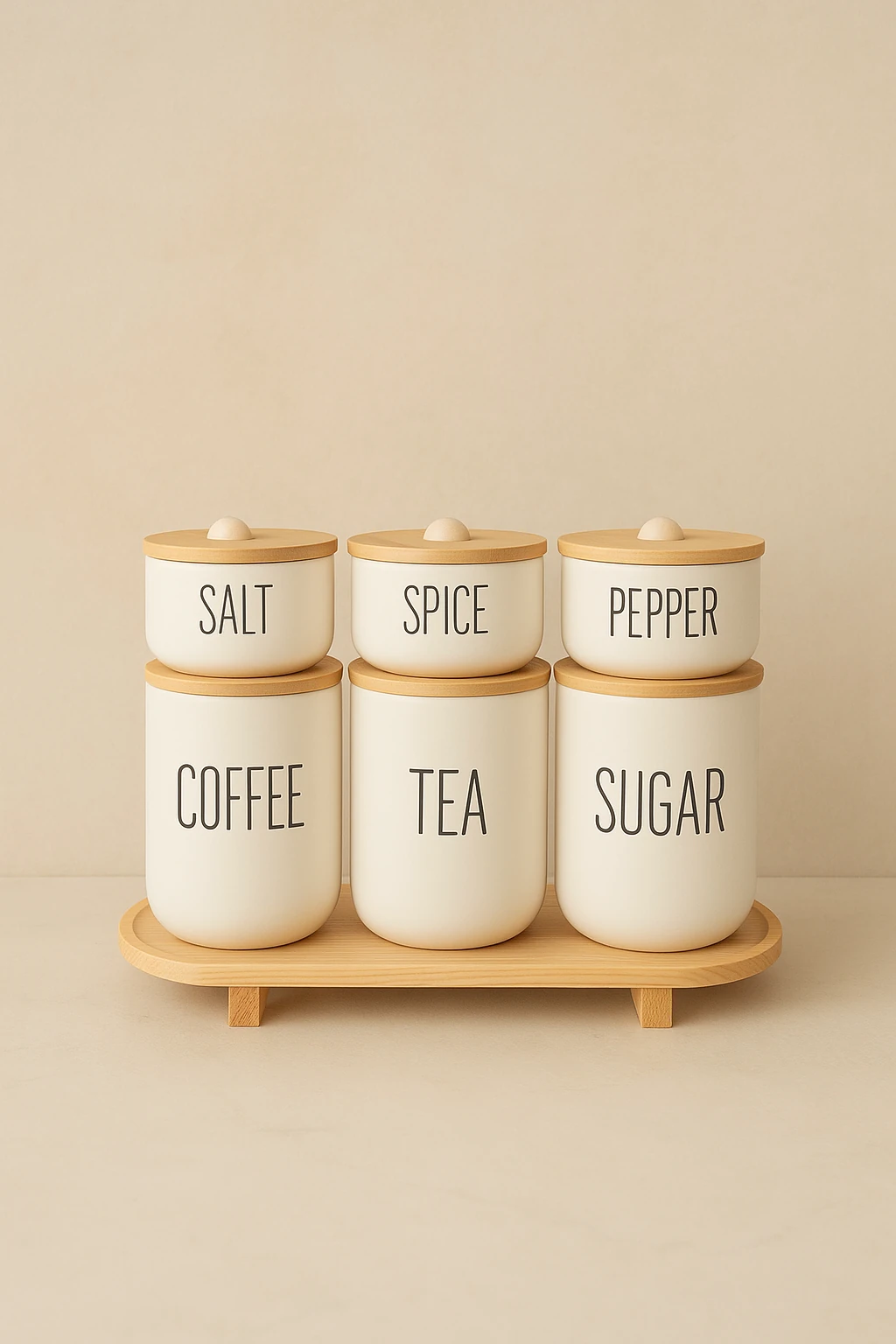 3lü Bambu Kapaklı Ahşap Ayaklı Altlıklı Çay/Kahve/Şeker ve 3Lü Bambu Kapaklı Salt/Pepper/Spice Standlı
