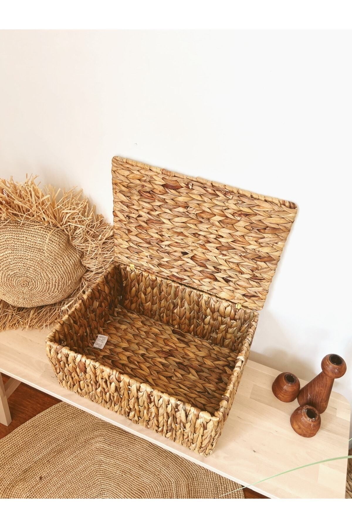 Hasır Su Sümbülü Kapaklı 40x29x19cm Dikdörtgen Düzenleyici/Sepet/Organizer