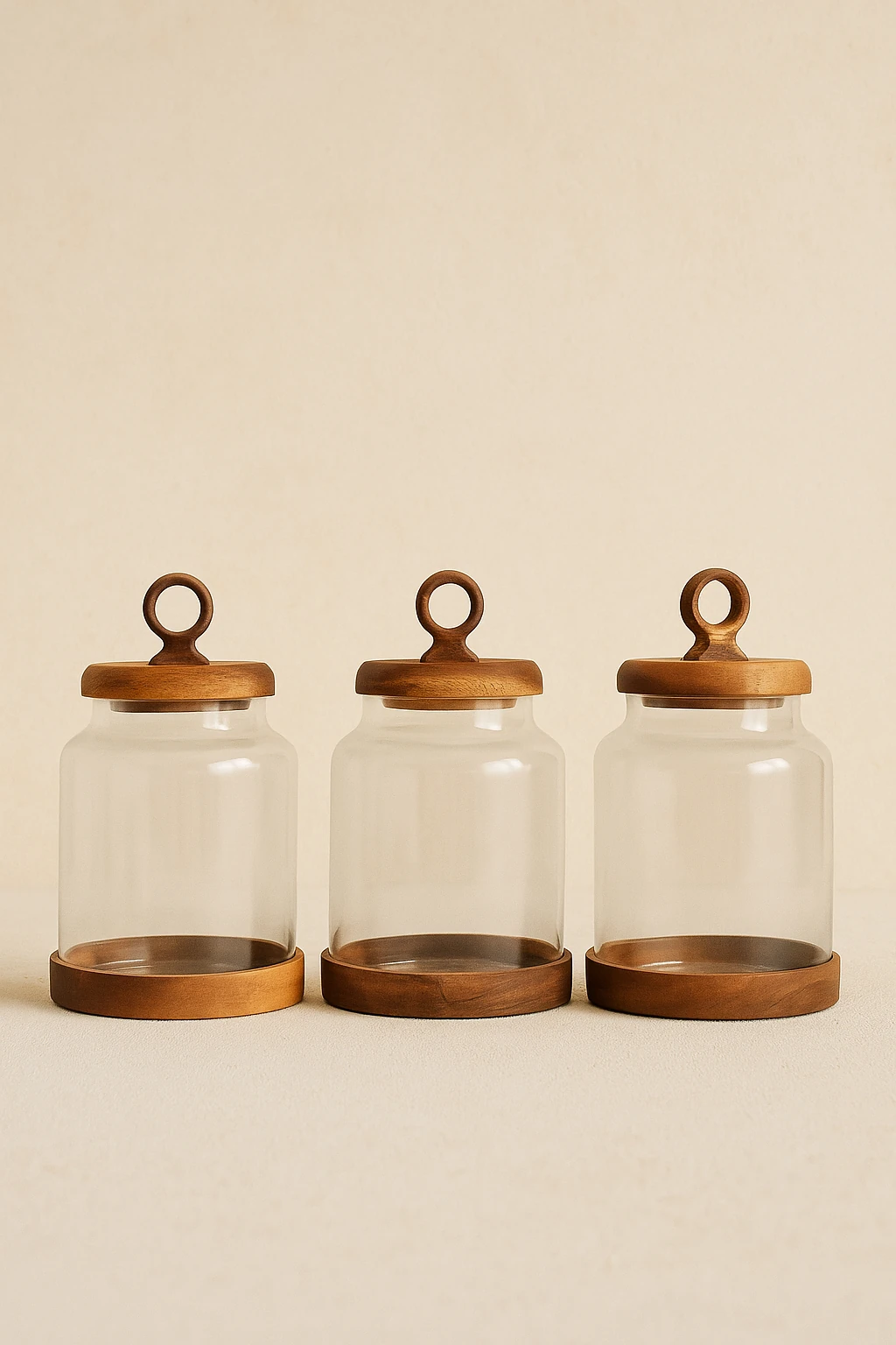 3Lü Akasya Kapak ve Akasya Altlık Detaylı Cam Kavanoz