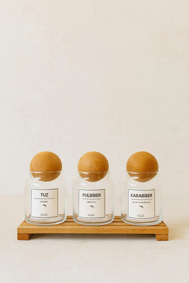 3'Lü Ahşap Top Kapaklı Izgara Standlı Etiketli Baharatlık Seti
