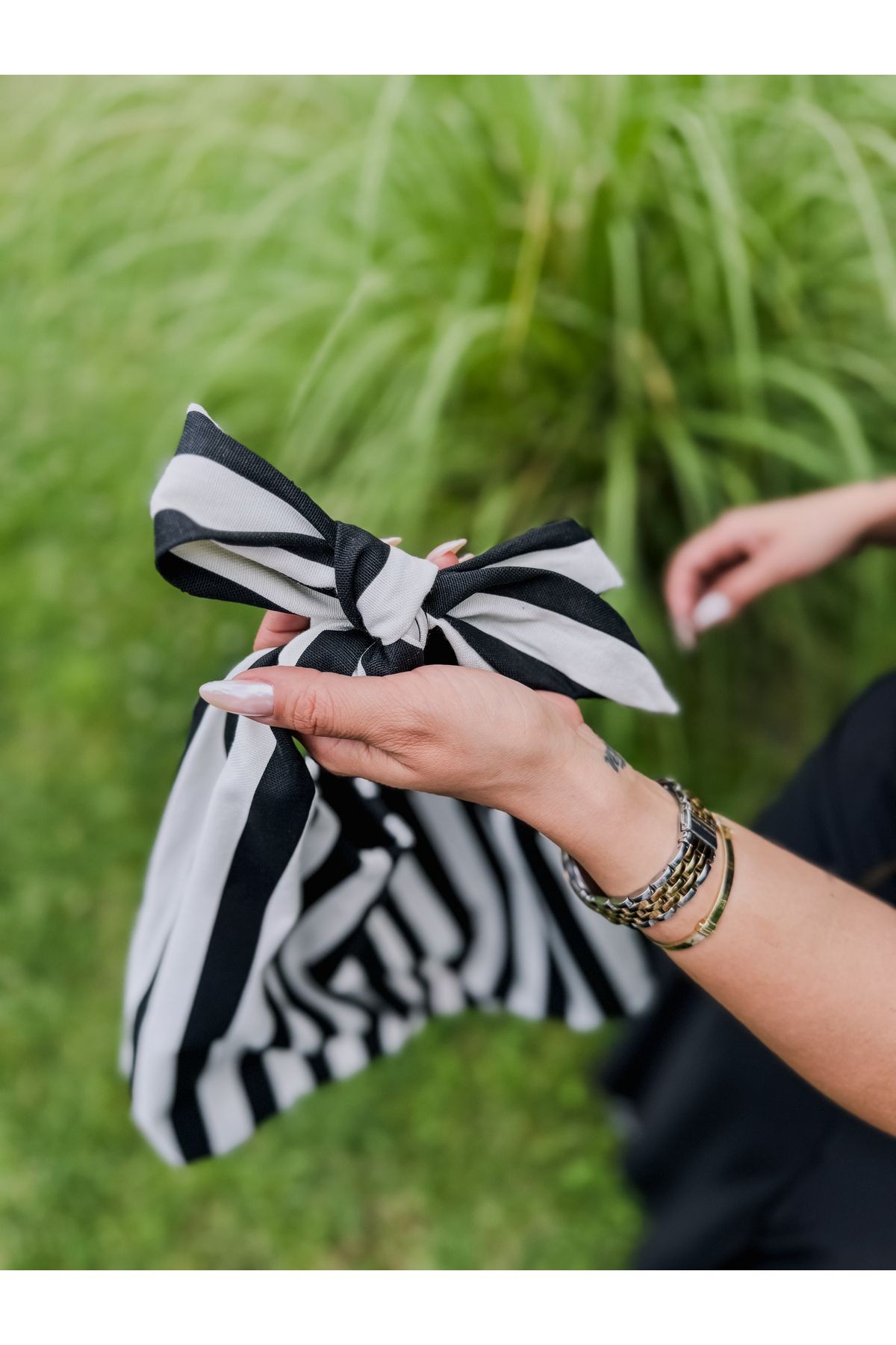 Stripe Bağlama Kulp Çanta / Tote