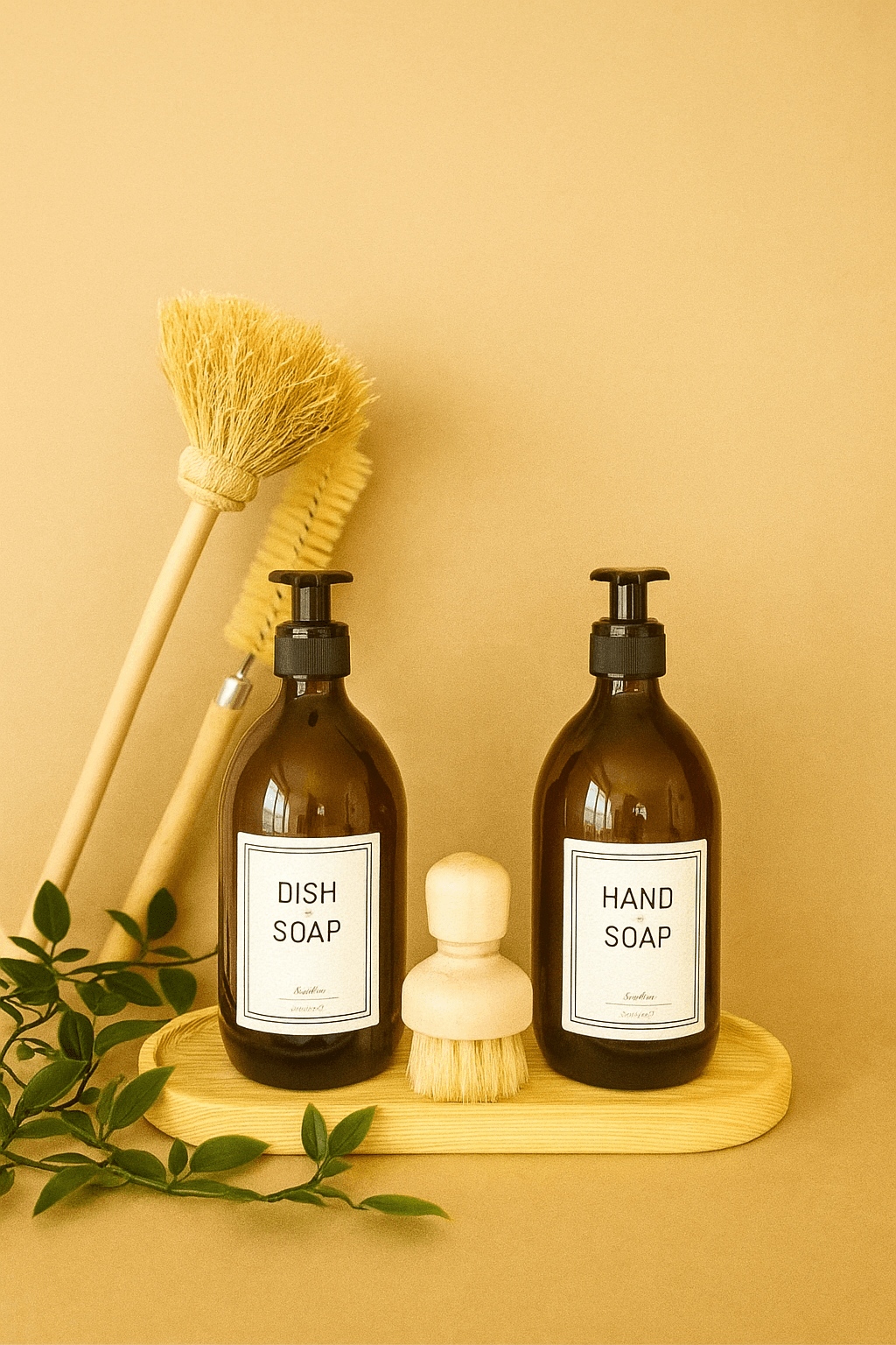 Amber Cam 2'li Hand Soap Ve Dısh Soap Şişesi 500ml Ahşap Altlık Ahşap Saplı Bulaşık Fırçası