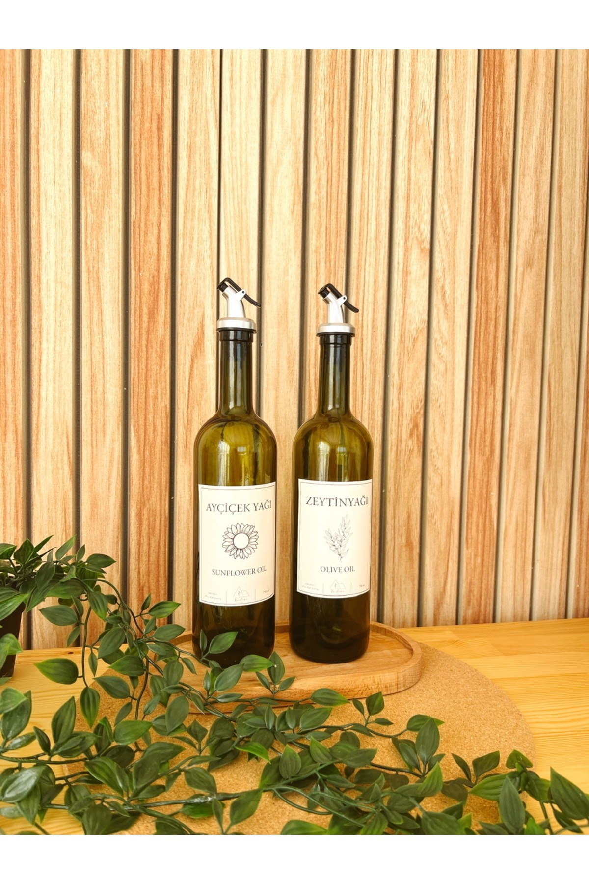 Amber Cam 2li Zeytinyağı Ve Ayçiçekyağı Şişesi 750ml Ahşap Altlık