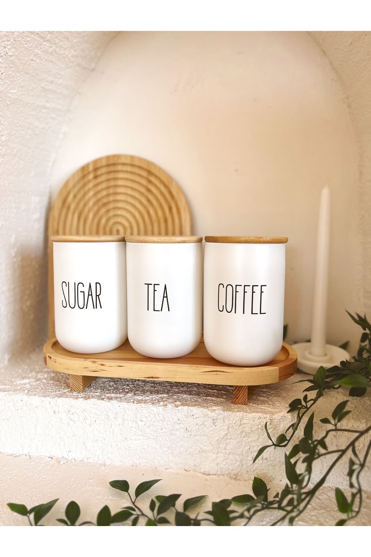 3lü Bambu Kapaklı Ahşap Ayaklı Altlıklı Çay/Kahve/Şeker Kavanozu