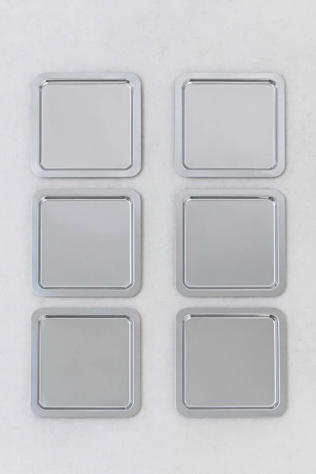 6'Lı Gümüş Parlak Kare Paslanmaz Çelik Kahve Servis ve Sunum Tepsisi Seti
