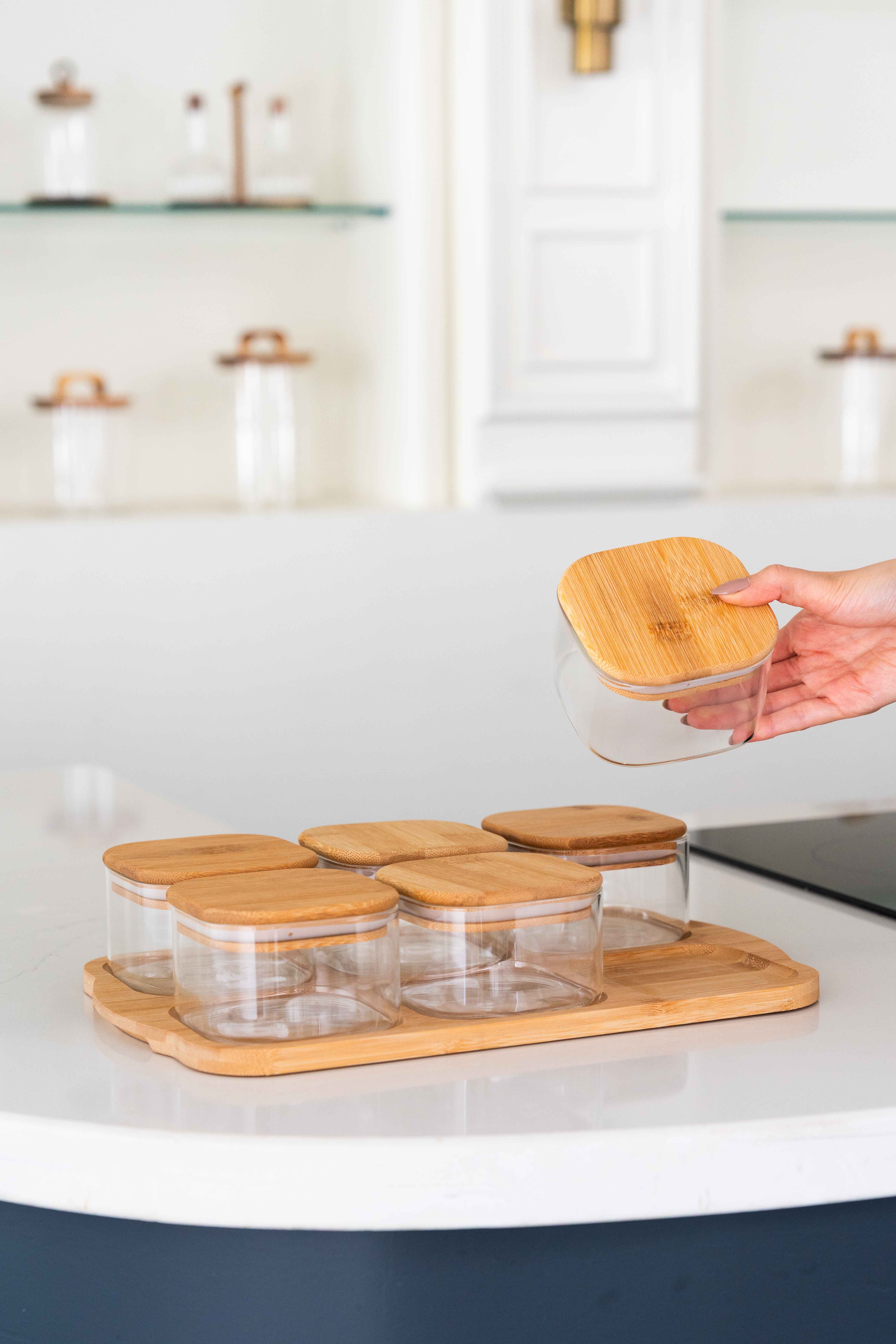 Bambu Tepsili ve Bambu Vakum Kapaklı 6Lı Cam Kahvaltılık