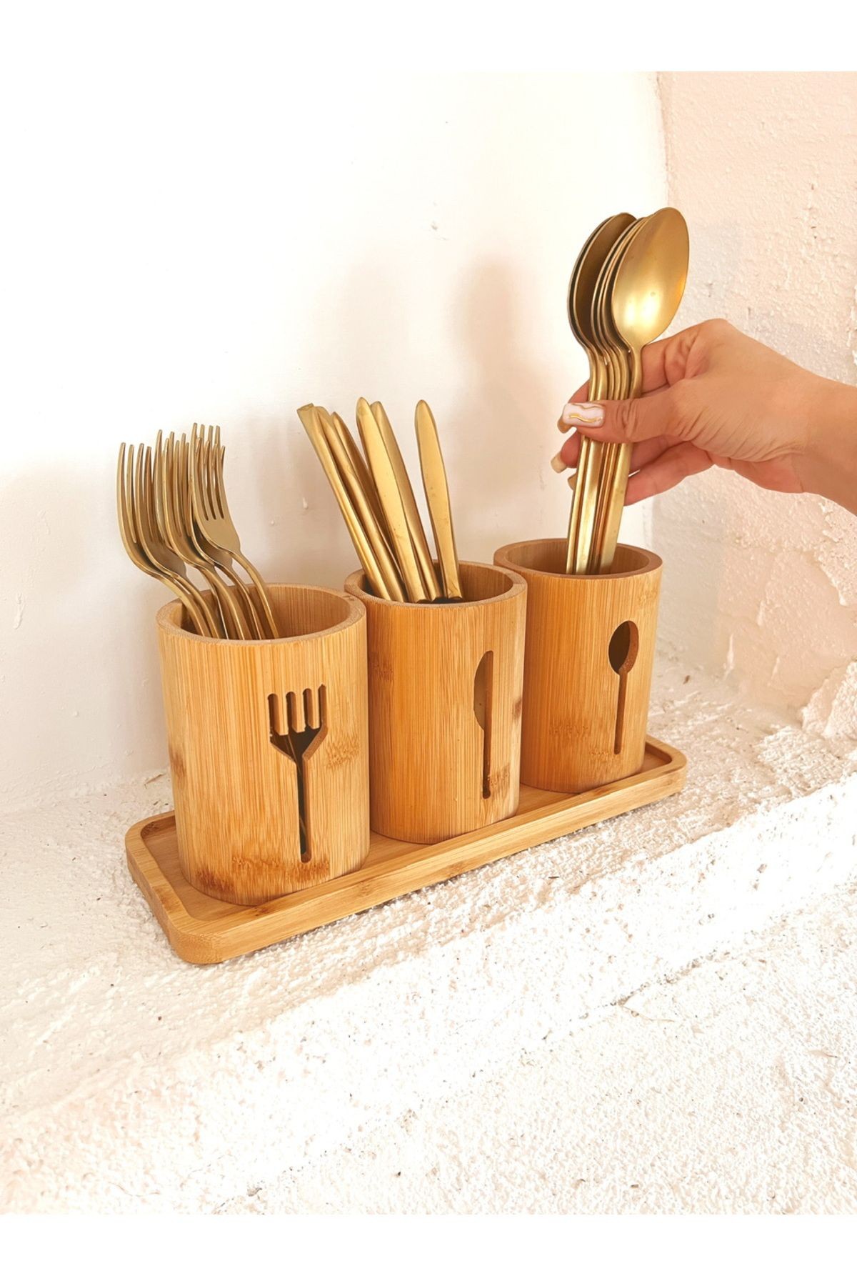 Bambu Altlıklı 3Lü Kaşık/Çatal/Bıçak Düzenleyici