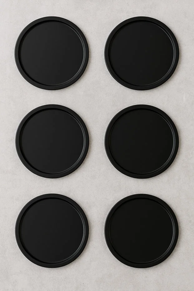  6'Lı Siyah Yuvarlak Paslanmaz Çelik Kahve, Pasta Dekoratif Servis ve Tepsi Seti