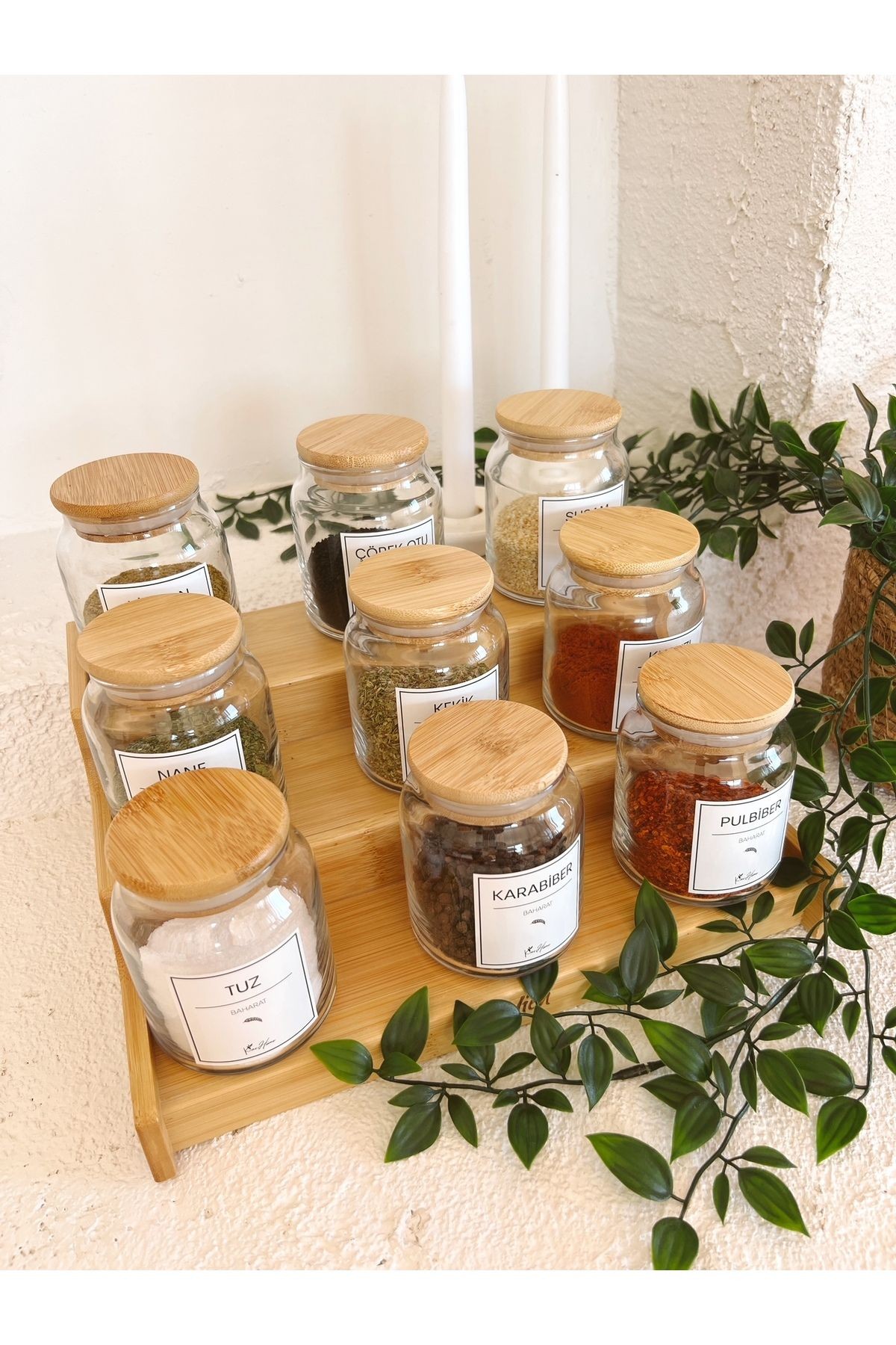 Bambu Vakum Kapaklı, 300 - 399 ml Etiketli 12Li Cam Baharat Seti Cam