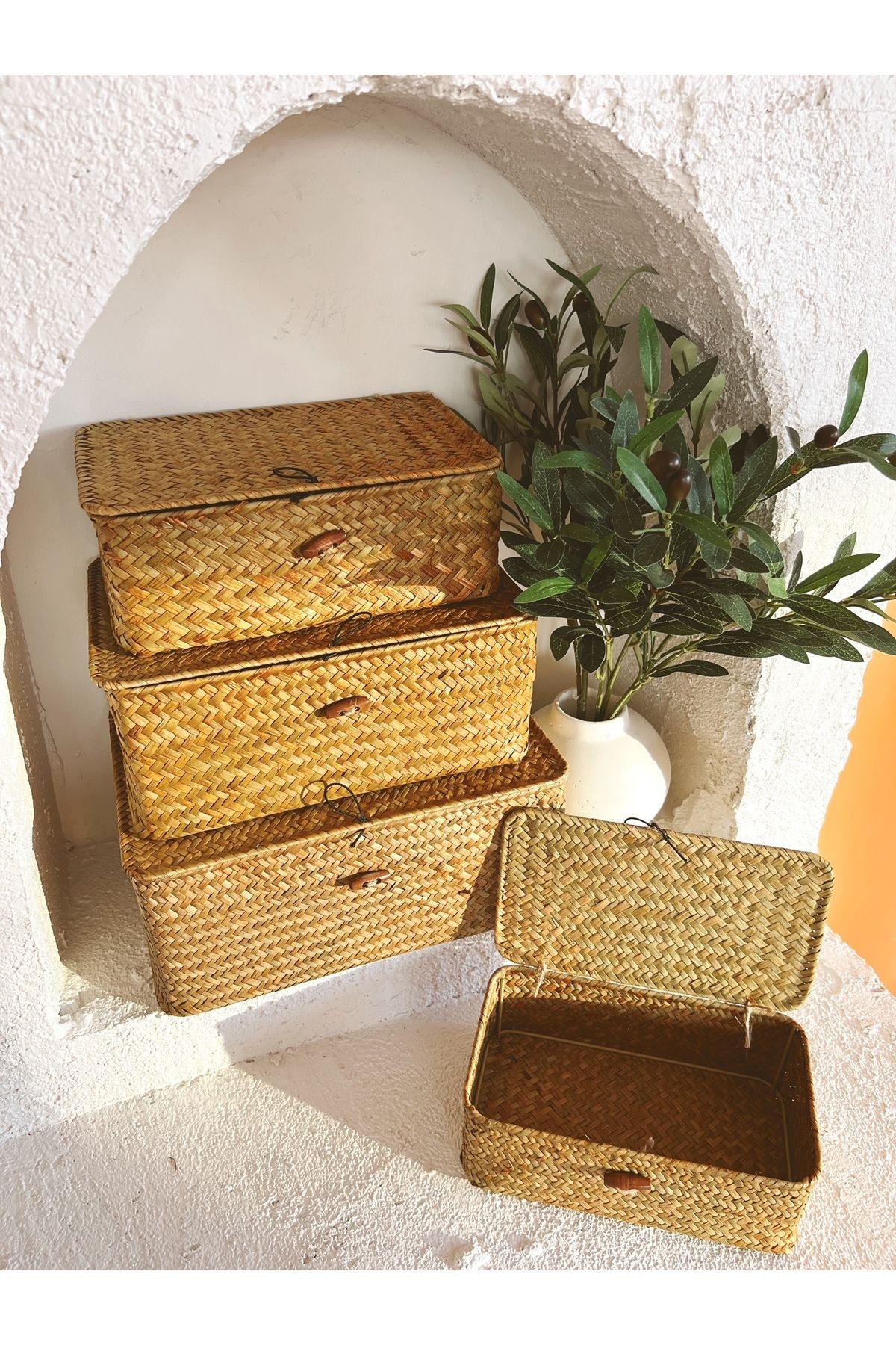 Bambu/Rattan 4lü Çok Amaçlı Hasır Düzenleyici/Organizer/Sepet/Banyo Düzenleyici