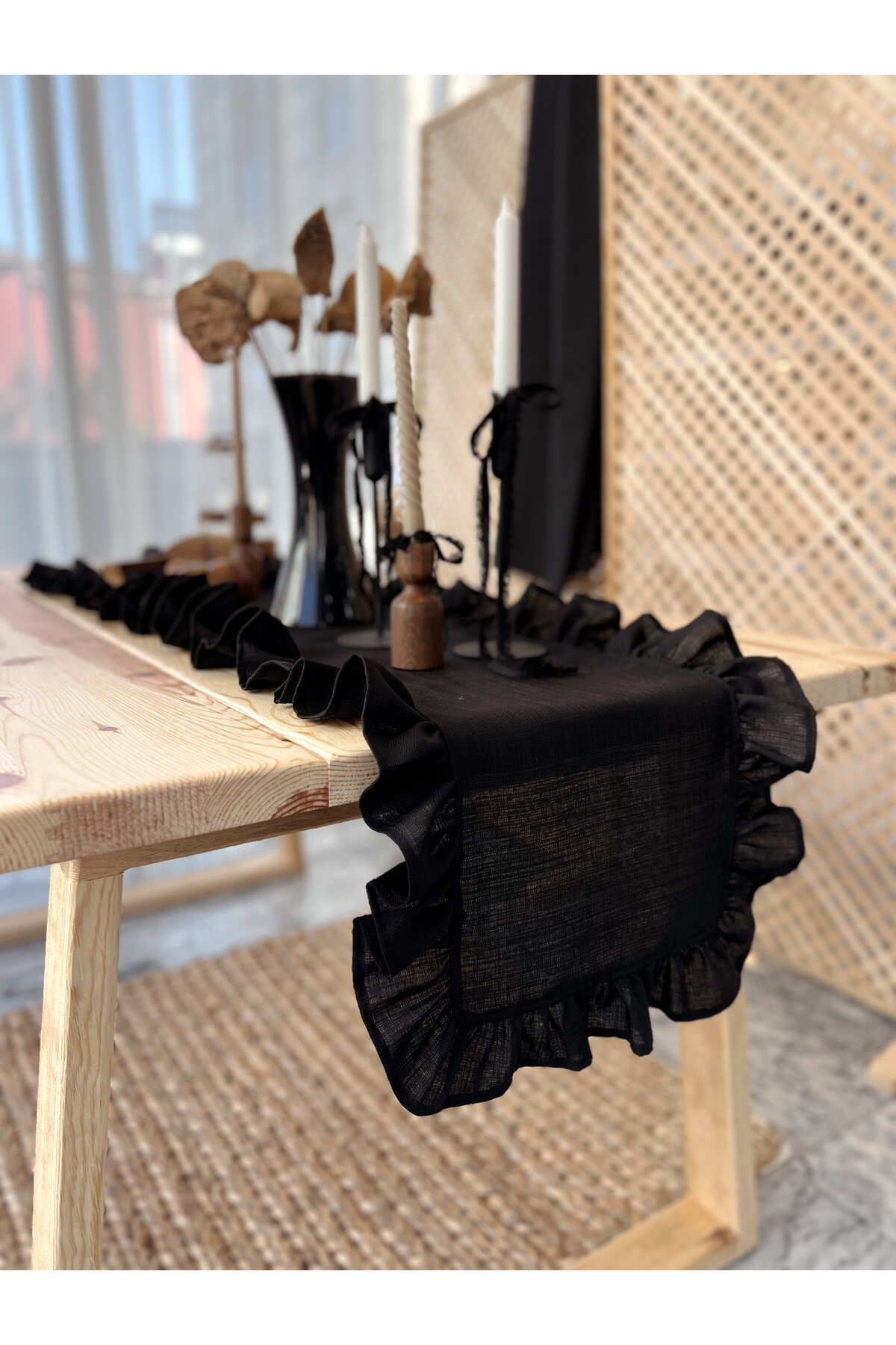 Fırfırlı Siyah %100 Keten Kumaş Runner 50cm X 155cm