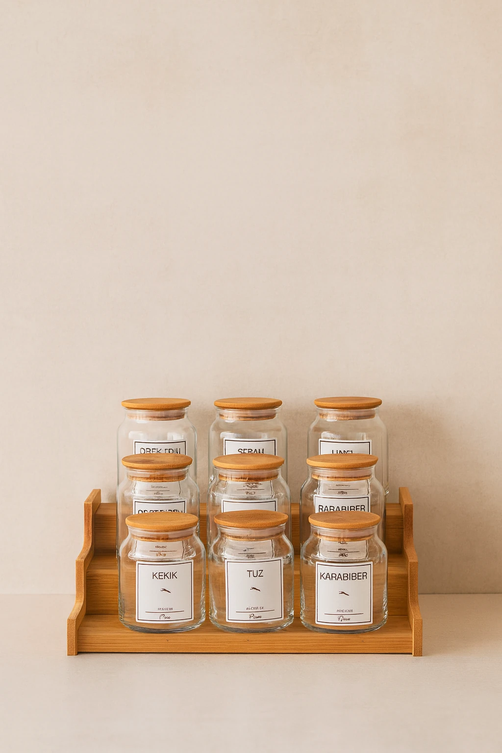9 Lu Bambu Vakum Kapaklı, Etiketli, Merdiven Standlı Cam Baharat Seti