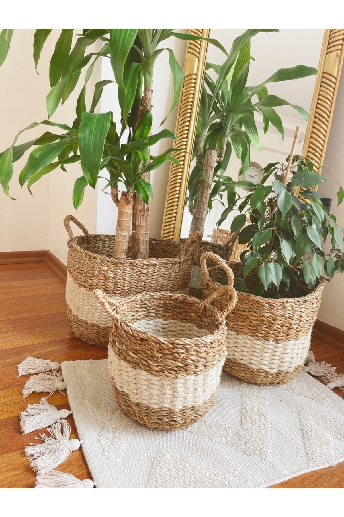 Hasır Seagrass Büyük Boy Kulplu Sağlam Sepet/saksılık/düzenleyici