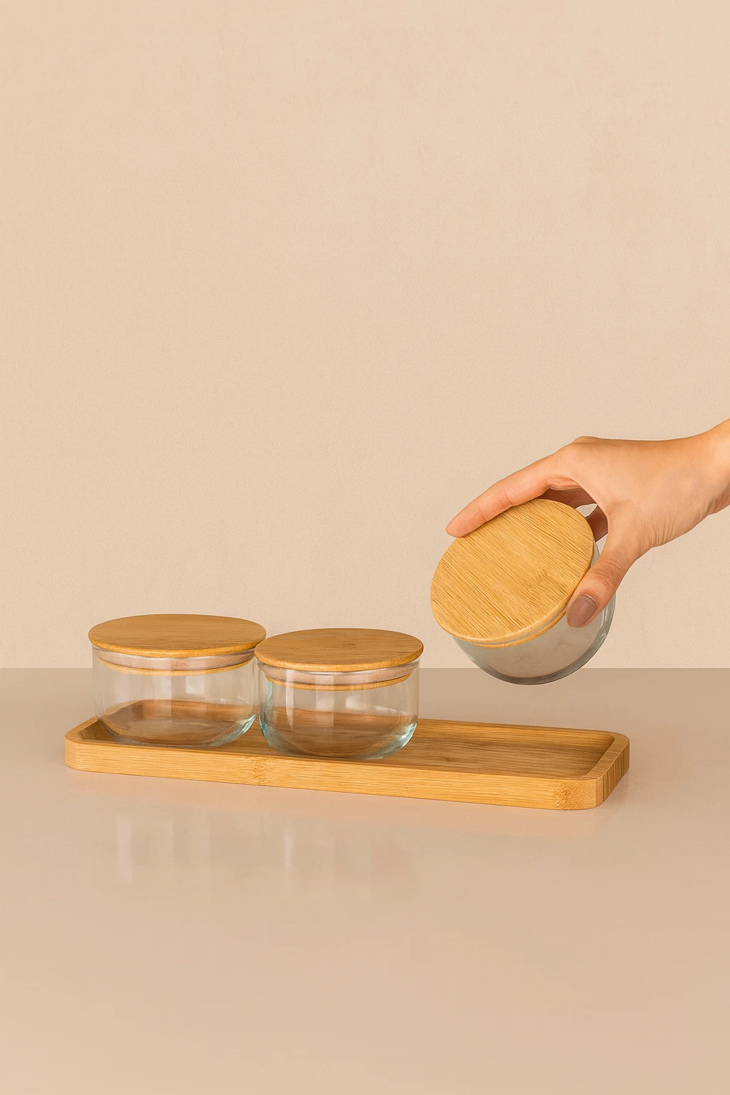 3’lü Cam Doğal Bambu Yuvarlak Kapaklı Şeffaf Kavanoz Kahvaltılık,Saklama Kabı Ahşap Standlı Set