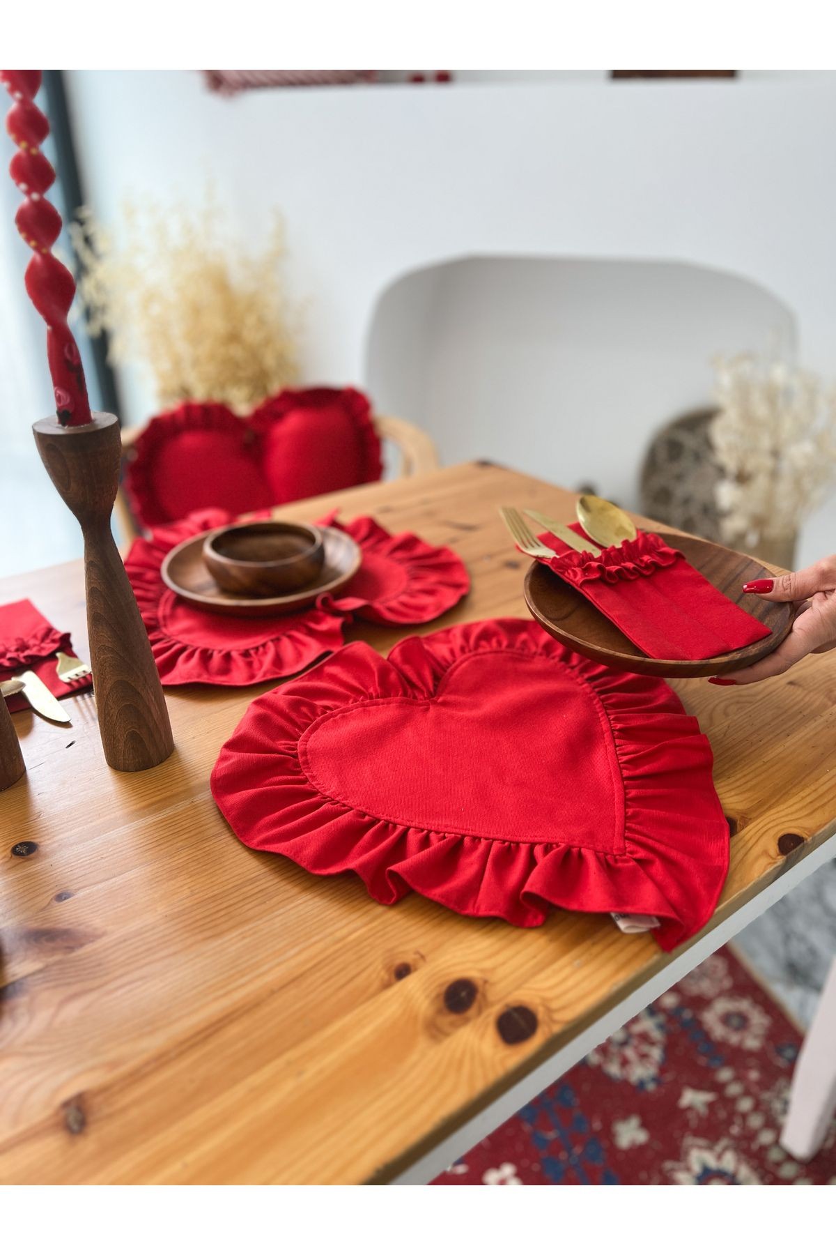 Lovely Kalp Fırfırlı Keten Supla / Amerikan Servis 4Lü