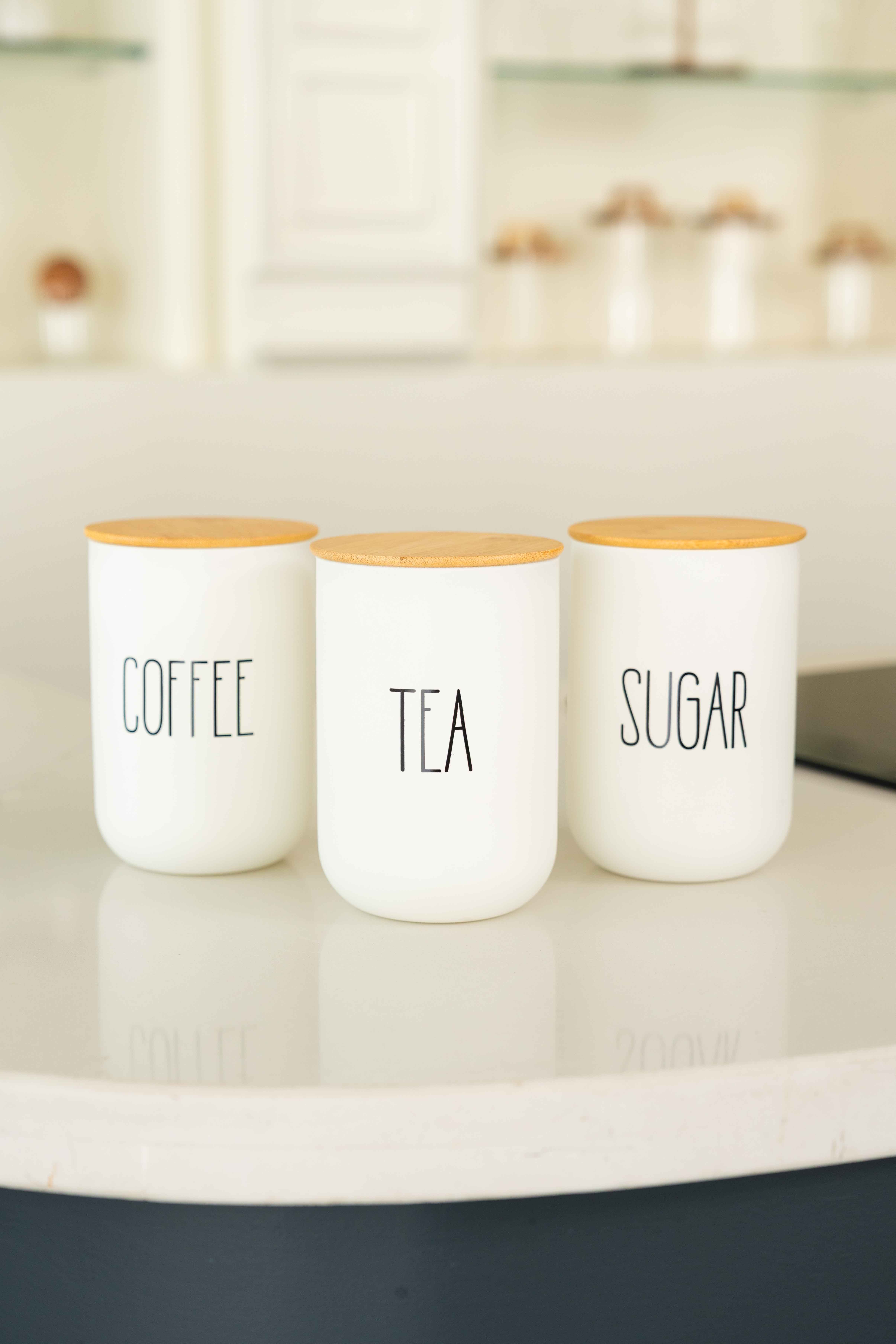 3lü Bambu Kapaklı Beyaz Çay/Kahve/Şeker Kavanozu