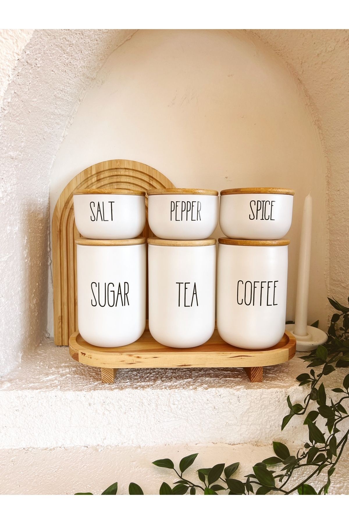 3lü Bambu Kapaklı Ahşap Ayaklı Altlıklı Çay/Kahve/Şeker ve 3Lü Bambu Kapaklı Salt/Pepper/Spice