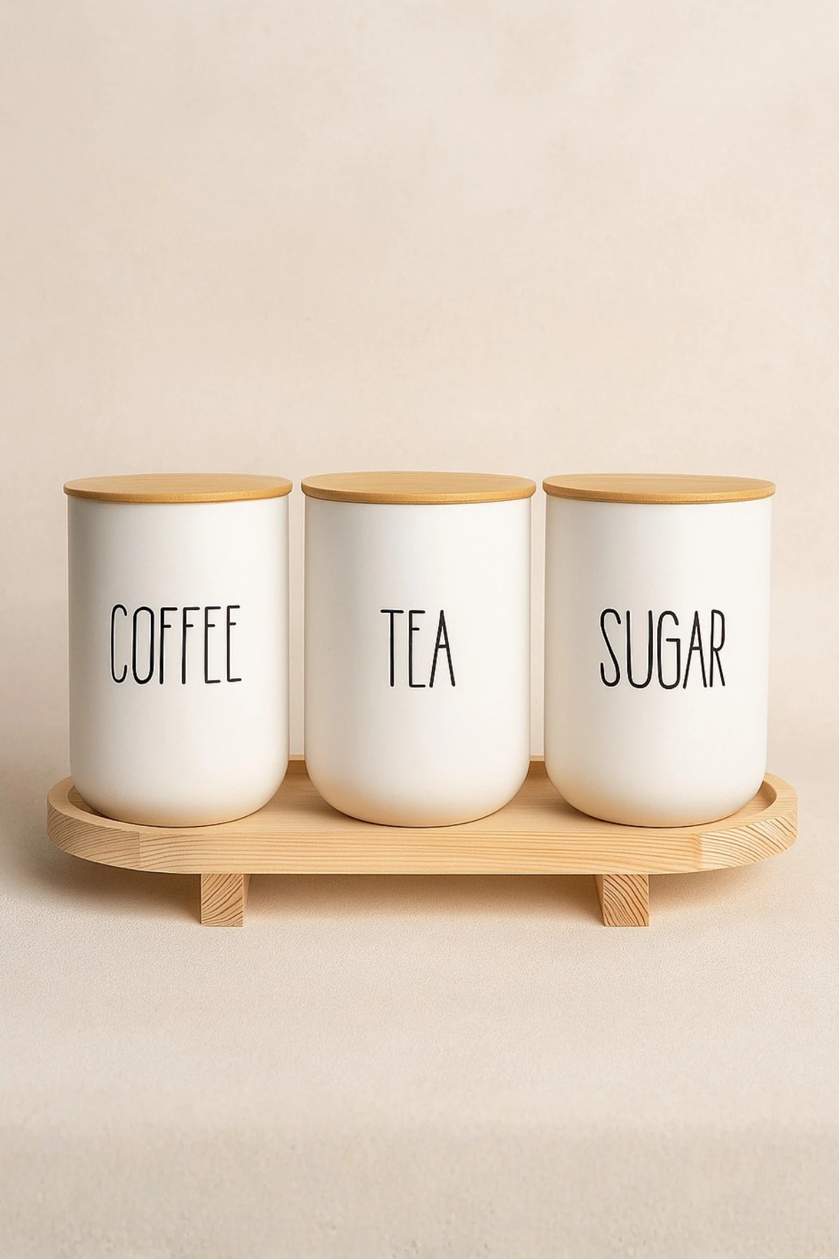 3lü Bambu Kapaklı Ahşap Ayaklı Altlıklı Çay/Kahve/Şeker Kavanozu Standlı