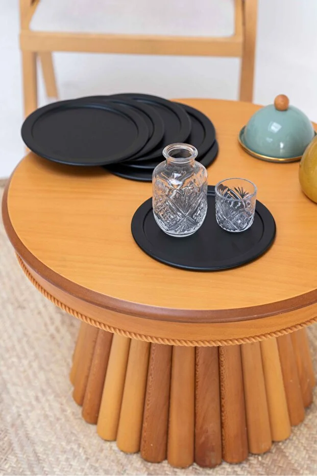  6'Lı Siyah Yuvarlak Paslanmaz Çelik Kahve, Pasta Dekoratif Servis ve Tepsi Seti