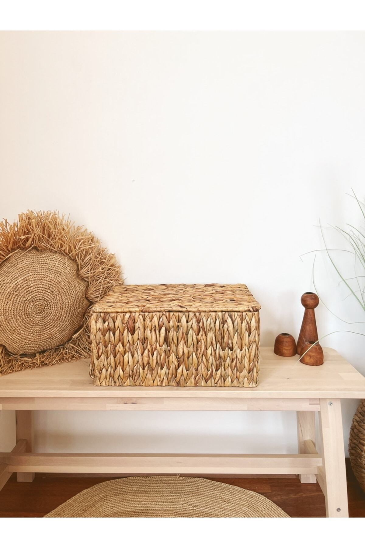 Hasır Su Sümbülü Kapaklı 40x29x19cm Dikdörtgen Düzenleyici/Sepet/Organizer