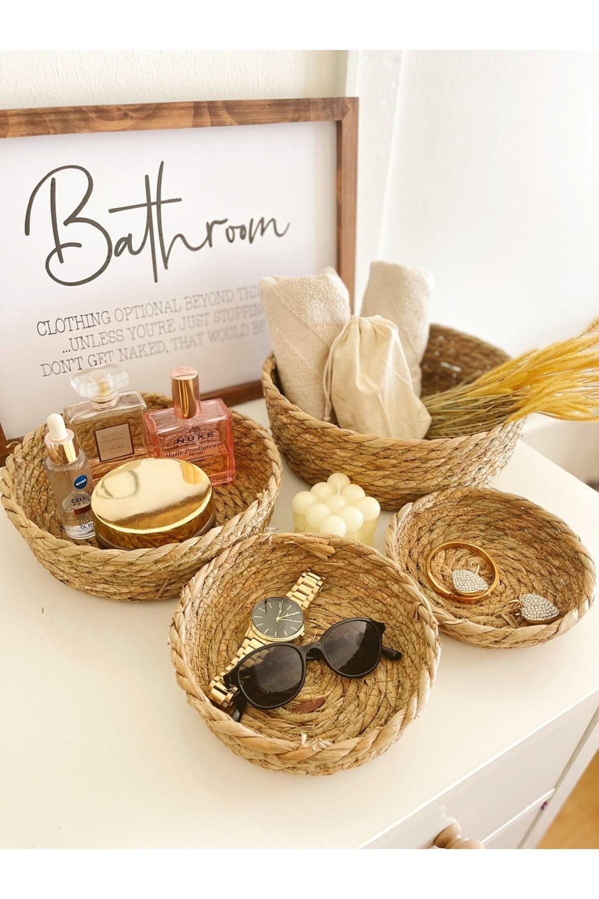 Doğal Hasır Örme 4lü Naturel Şeritli Çok Amaçlı Hasır Sepet/banyo Düzenleyici
