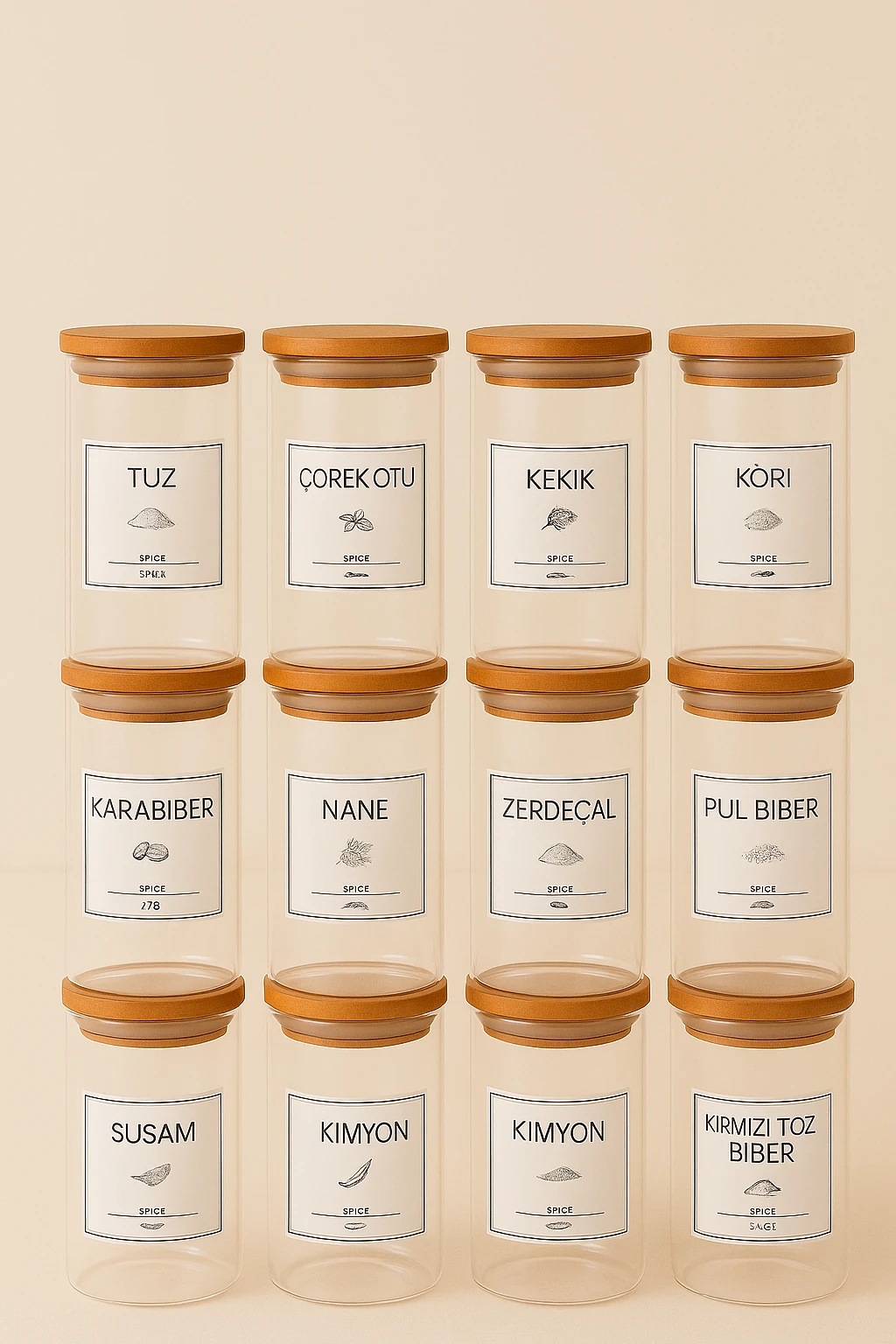 12li Ahşap Döner Standlı Baharat Seti 300ml 12 Adet Ahşap Kaşık