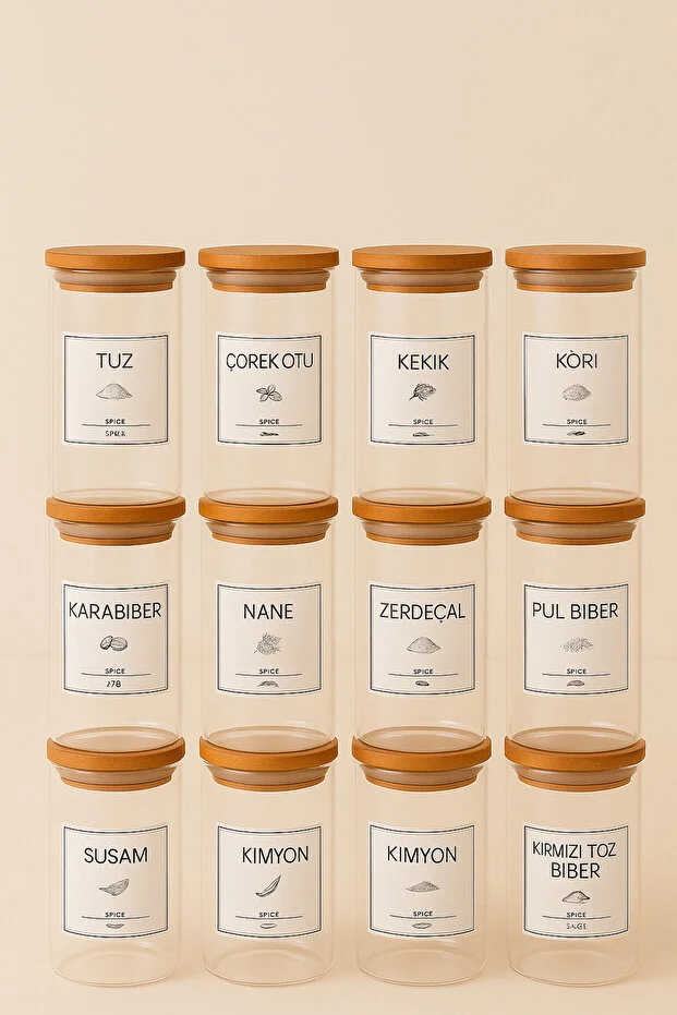 Ahşap Merdiven Standlı 12li 300 ml Baharatlık 12 Adet Ahşap Kaşık