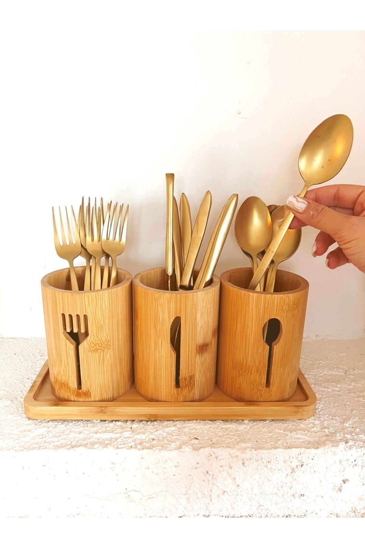 Bambu Altlıklı 3Lü Kaşık/Çatal/Bıçak Düzenleyici