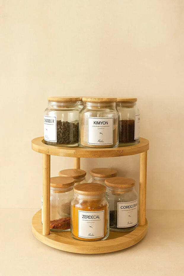 Bambu Döner Standlı Bambu Vakum Kapaklı 10Lu Cam Baharat Seti