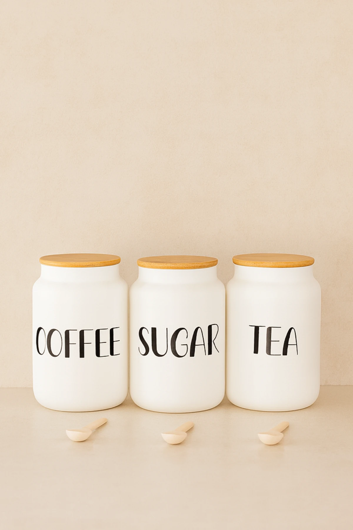 3lü Bambu Kapaklı 800ML Cam Çay/Kahve/Şeker Kavanoz Seti+AHŞAP KAŞIK