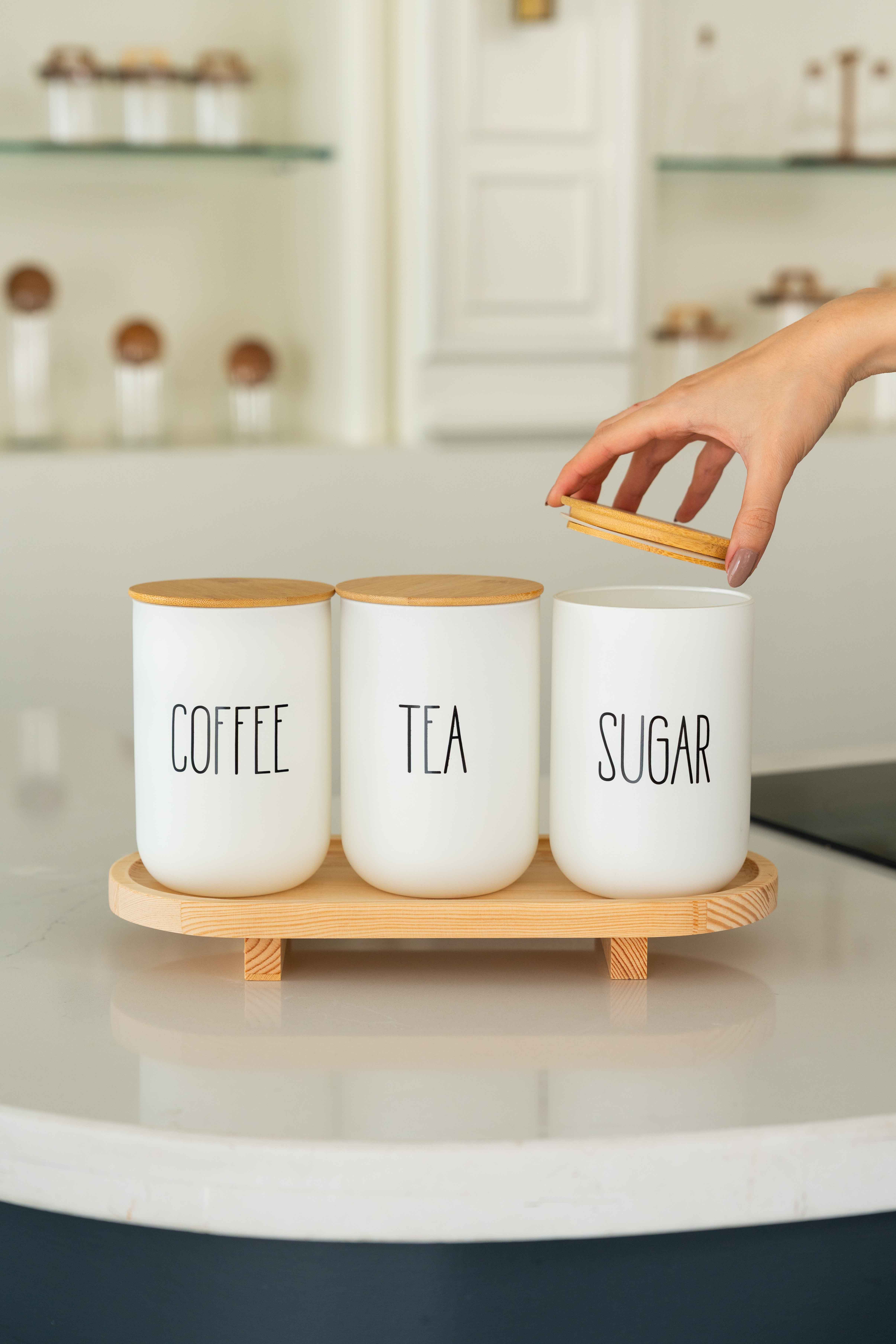 3lü Bambu Kapaklı Ahşap Ayaklı Altlıklı Çay/Kahve/Şeker Kavanozu Standlı