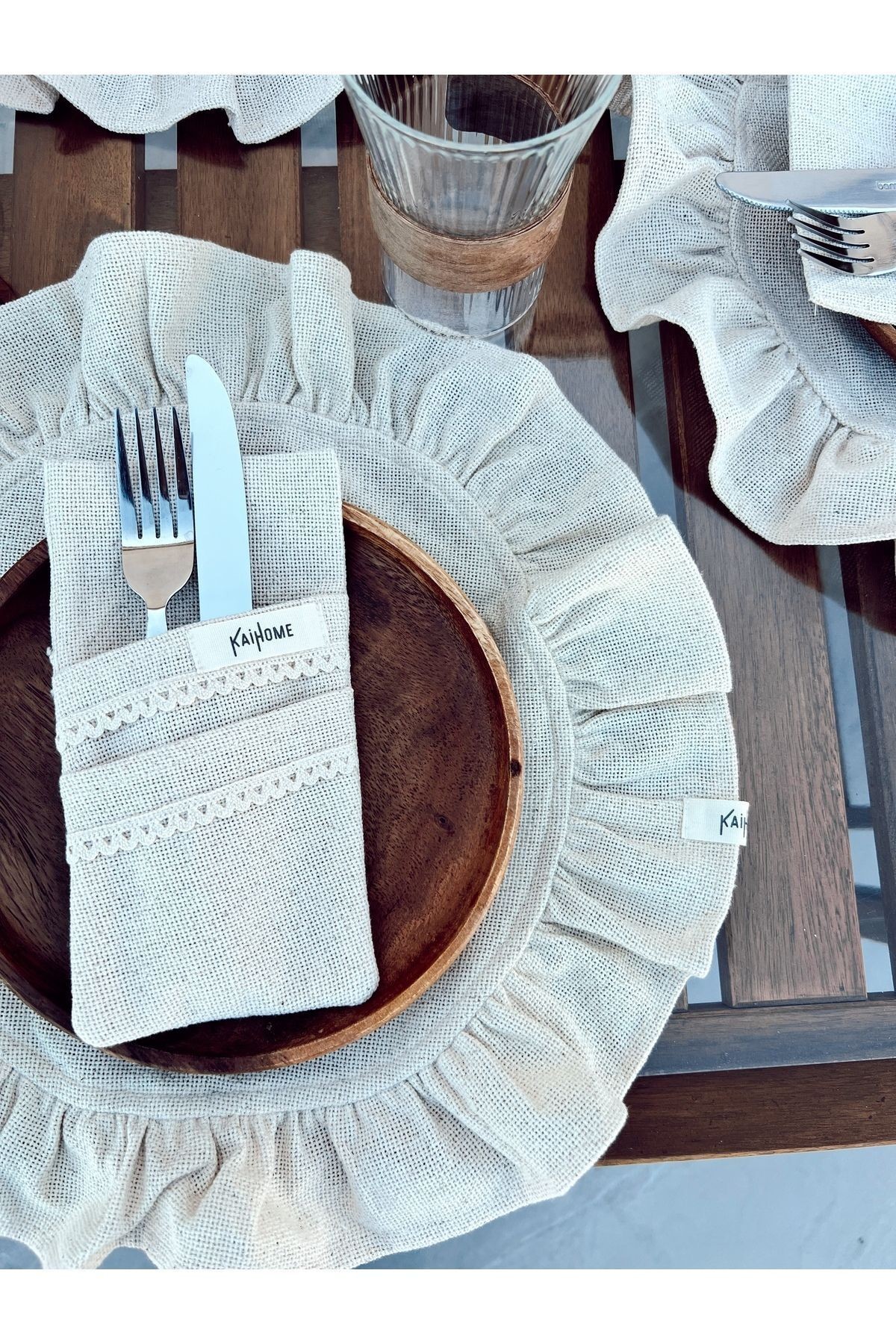 4lü Ham Keten Dantel Detaylı  2Bölmeli Kaşıklık / Peçetelik