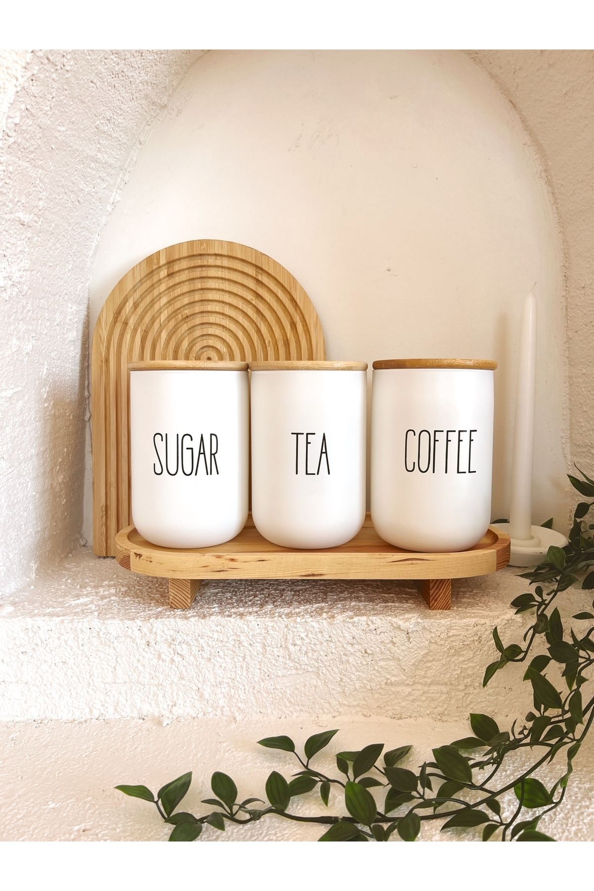 3lü Bambu Kapaklı Ahşap Ayaklı Altlıklı Çay/Kahve/Şeker Kavanozu