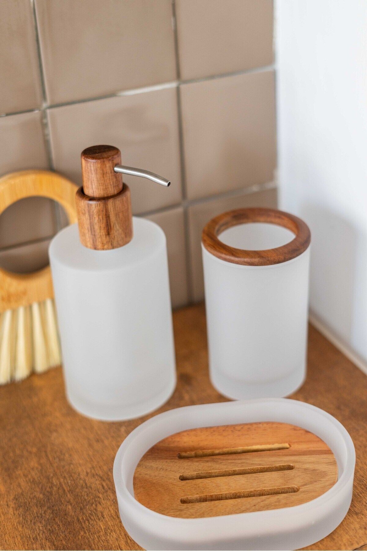 3Lü Akasya Cam Banyo Seti