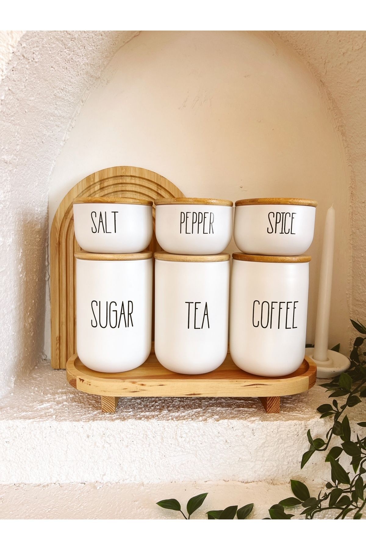 3lü Bambu Kapaklı Ahşap Ayaklı Altlıklı Çay/Kahve/Şeker ve 3Lü Bambu Kapaklı Salt/Pepper/Spice