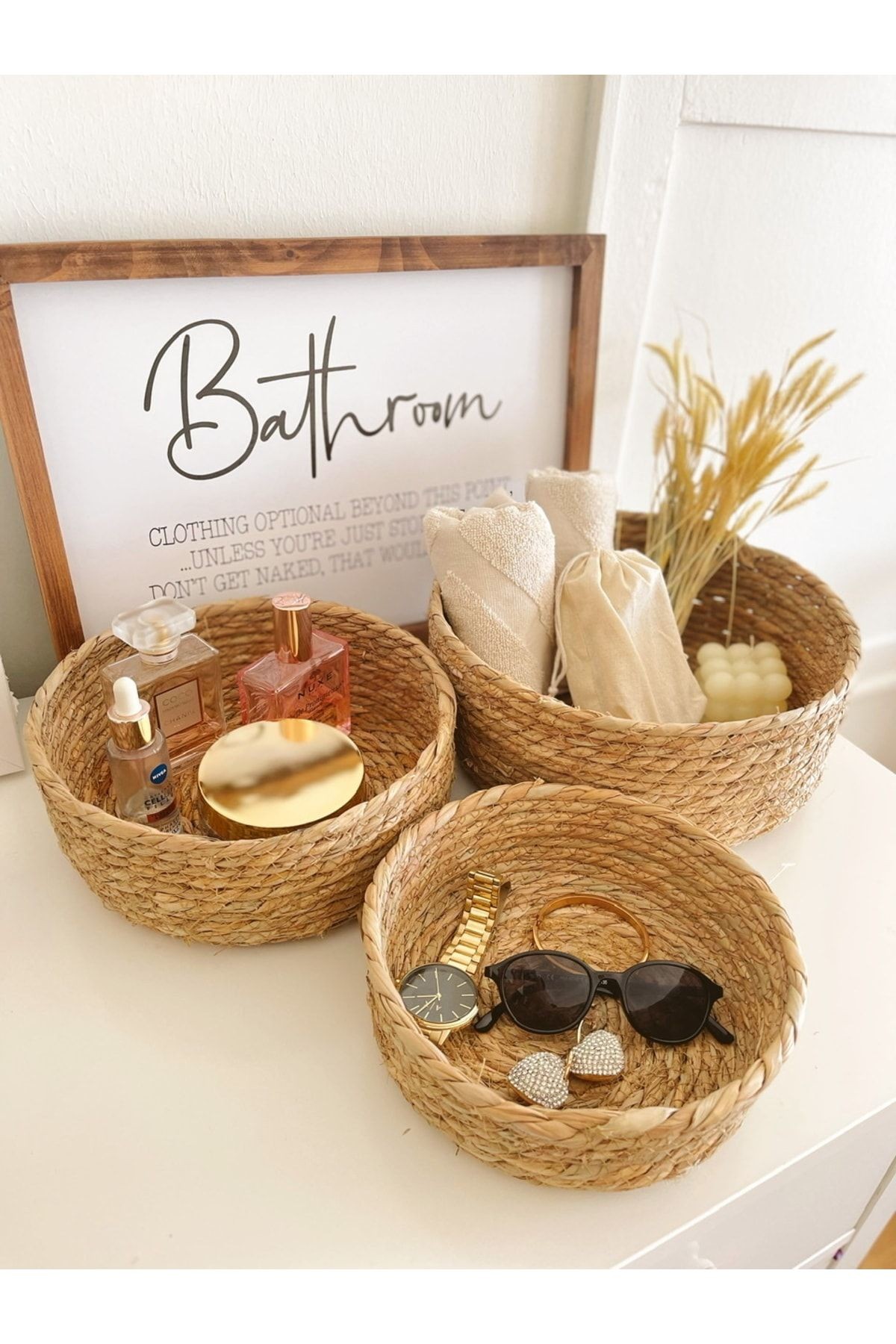Doğal Hasır Örme 3lü Naturel Şeritli Çok Amaçlı Hasır Sepet/banyo Düzenleyici