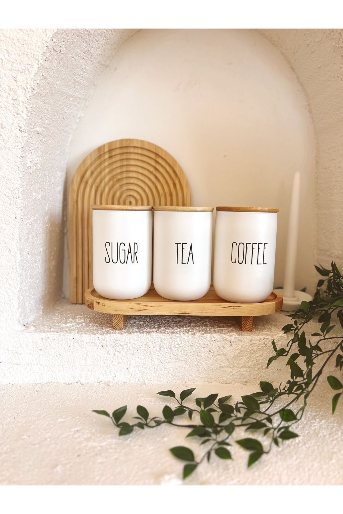3lü Bambu Kapaklı Ahşap Ayaklı Altlıklı Çay/Kahve/Şeker Kavanozu