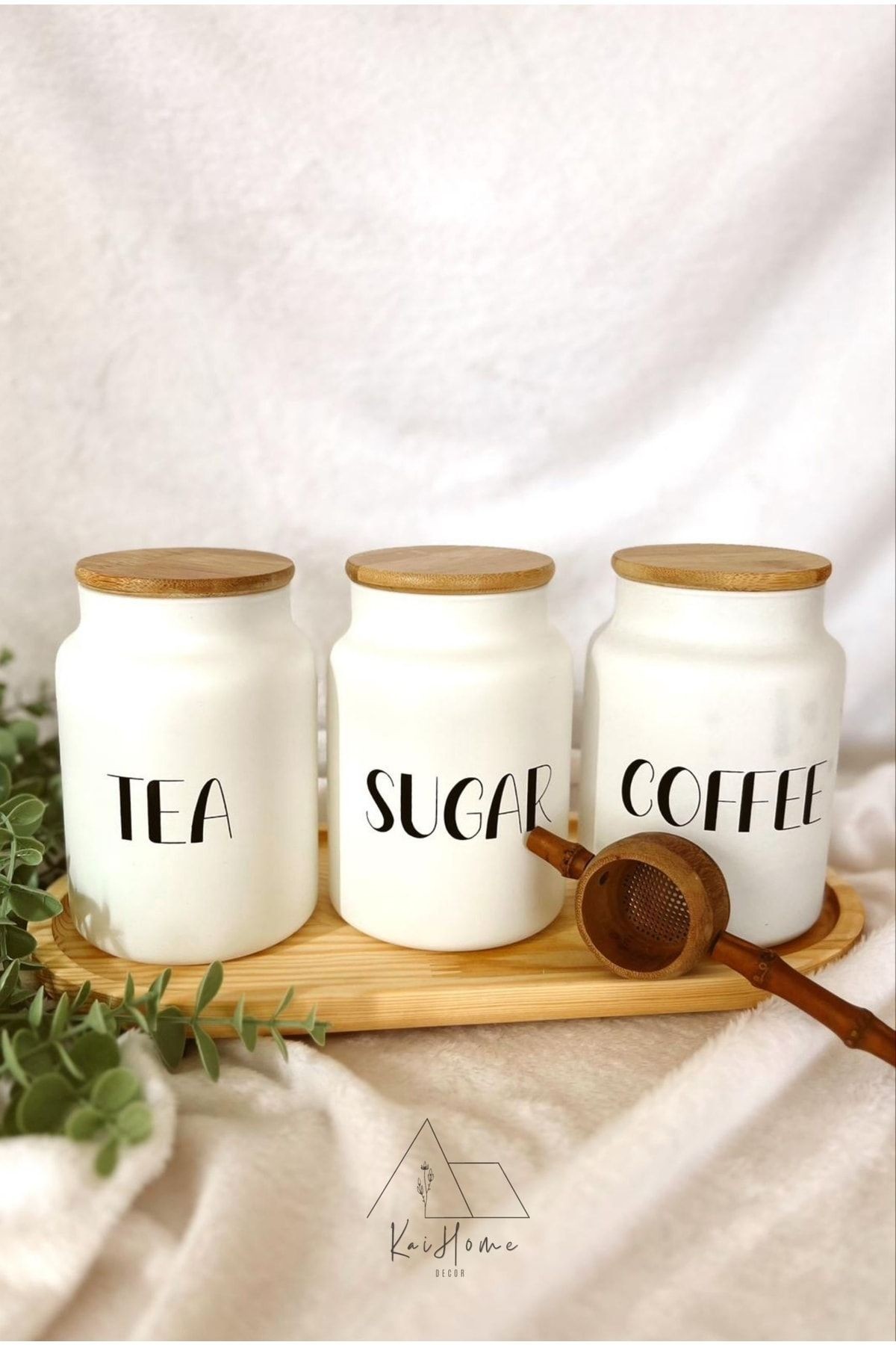 3lü Bambu Kapaklı 800ML Cam Çay/Kahve/Şeker Kavanoz Seti+AHŞAP KAŞIK