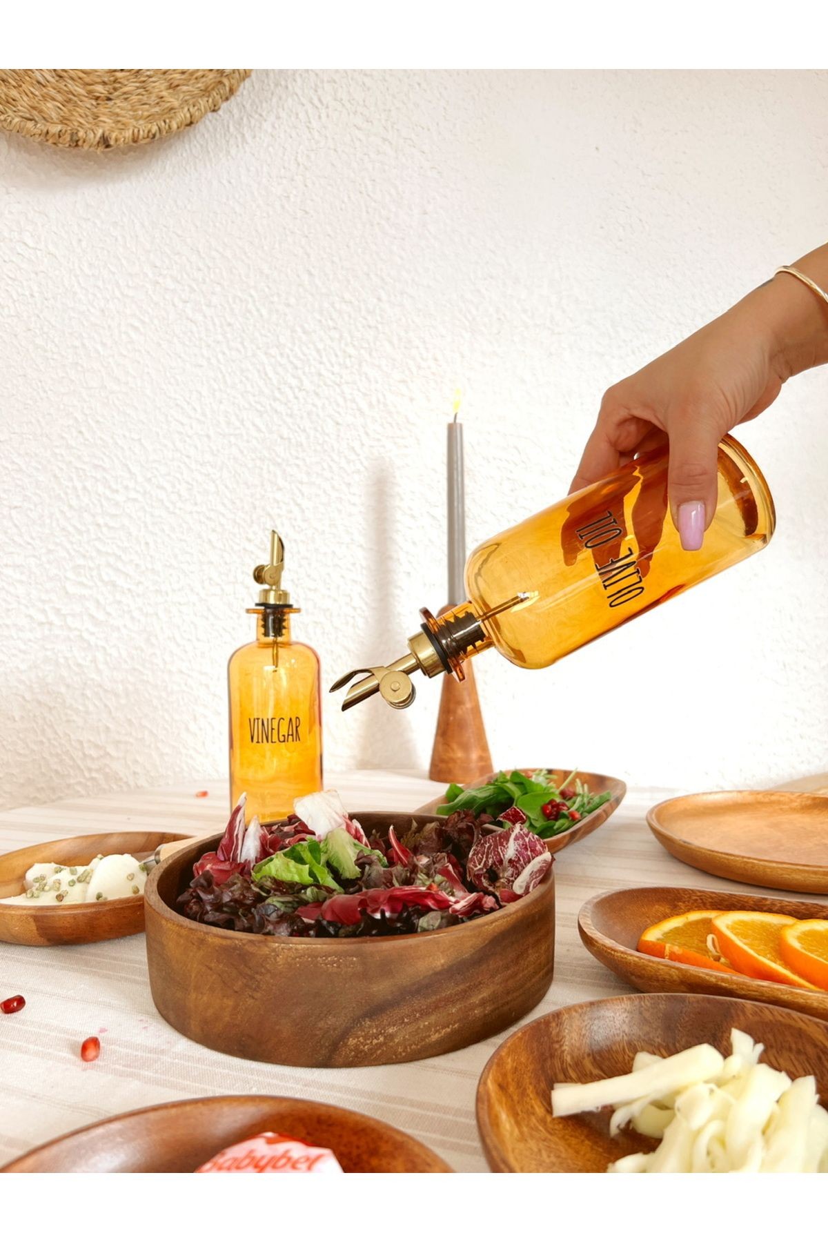 2'li Gold Başlıklı Amber Cam Yağdanlık Seti