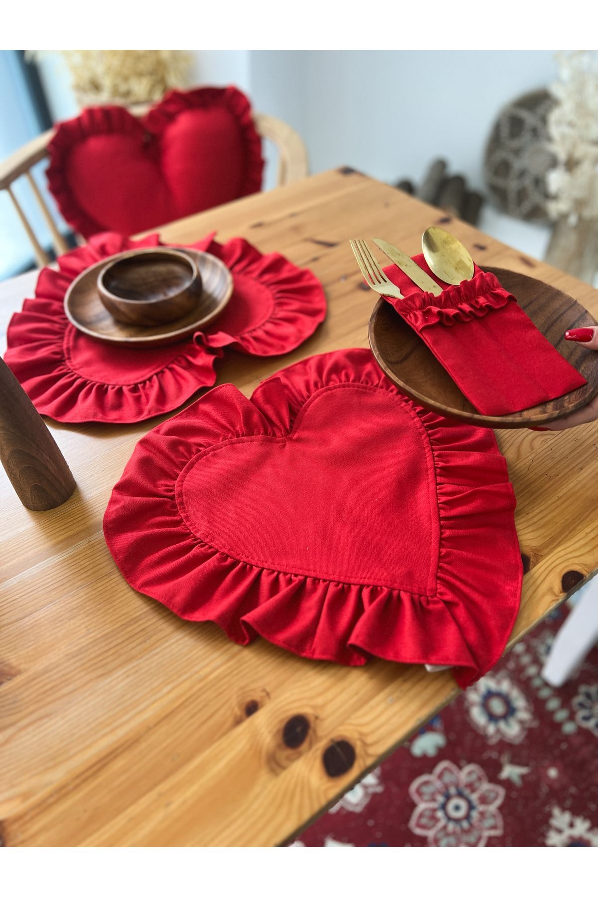 Lovely Kalp Fırfırlı Keten Supla / Amerikan Servis 4Lü