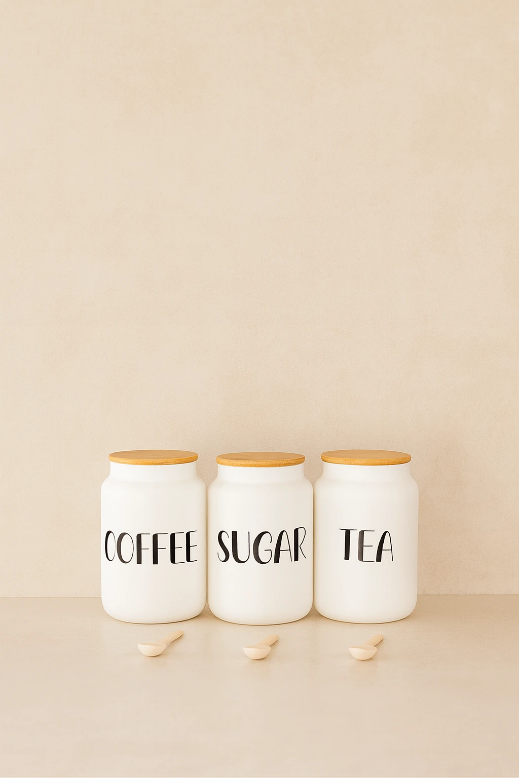 3lü Bambu Kapaklı 800ML Cam Çay/Kahve/Şeker Kavanoz Seti+AHŞAP KAŞIK