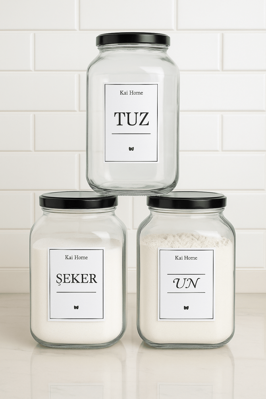 3'lü Dekoratif Mutfak Düzenleyici Tuz - Şeker - Un Kavanozu Cam Erzak Saklama ( 3000cc )