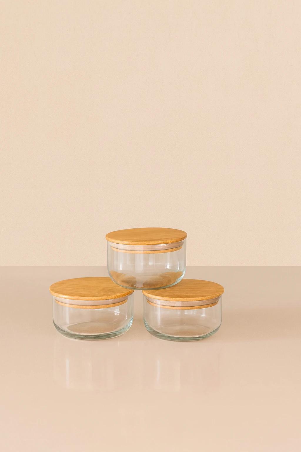 3’lü Cam Doğal Bambu Yuvarlak Kapaklı Şeffaf Kavanoz Kahvaltılık,Saklama Kabı Ahşap Standlı Set