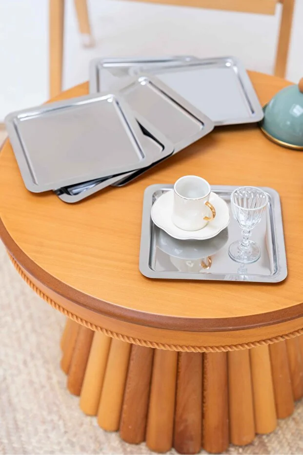 6'Lı Gümüş Parlak Kare Paslanmaz Çelik Kahve Servis ve Sunum Tepsisi Seti