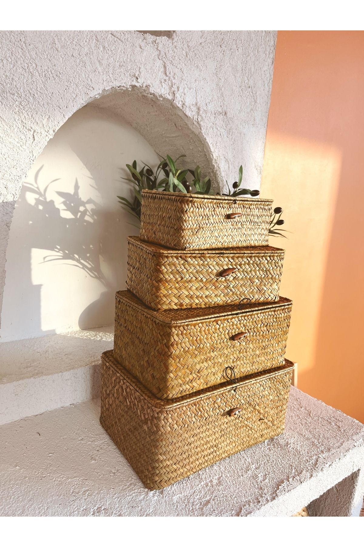 Bambu/Rattan 4lü Çok Amaçlı Hasır Düzenleyici/Organizer/Sepet/Banyo Düzenleyici