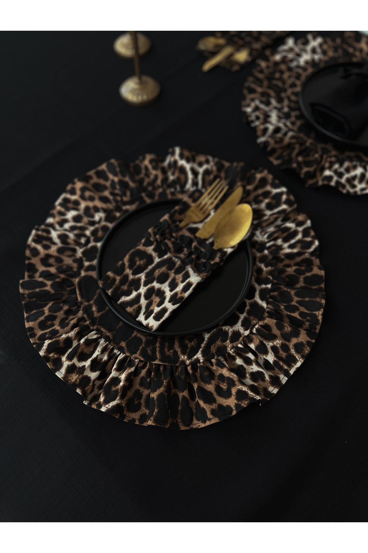 Leopard Fırfırlı 3 Bölmeli Çatal-Kaşık-Bıçak Kılıfı 2Li